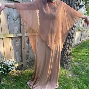 Rust / brown beaded 2-piece maxi dress with sheer cape